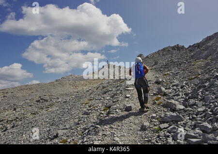 Young femaie trekker hiking on a trail in the Dolomites, Italy, towards the summit of Monte Cavallino on the Austrian border