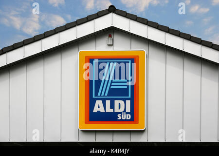 LINDEN, GERMANY JULY, 2017 ALDI (south)supermarket chain sign. ALDI