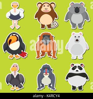 Sticker design for cute animals illustration Stock Vector