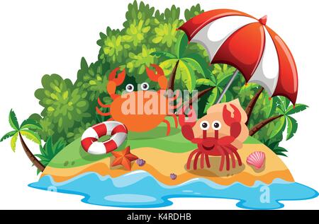 Two crabs on the island illustration Stock Vector