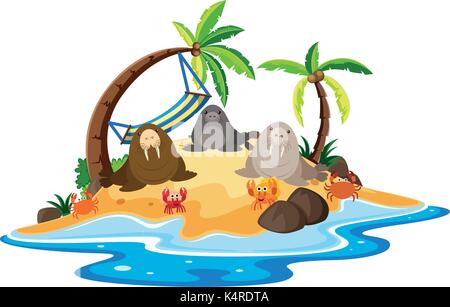 Walrus and crabs on island illustration Stock Vector