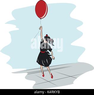 Little school Girl with a red balloon flying in the sky Stock Vector