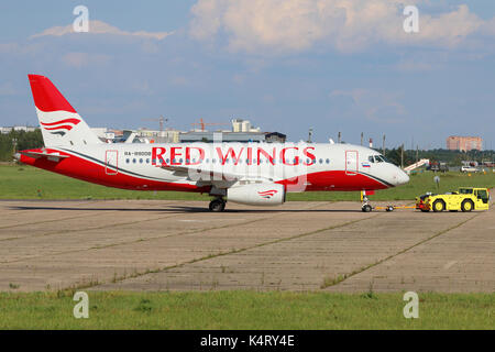 Zhukovsky, Moscow Region, Russia - July 31, 2015: Sukhoi Superjet 100 RA-89008 of Red Wings airlines at Zhukovsky. Stock Photo