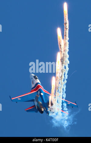 Zhukovsky, Moscow Region, Russia - August 28, 2015: Sukhoi Su-27 of Russian Knights aerobatics team perfoming demonstration flight in Zhukovsky during Stock Photo