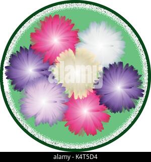 Autumn bouquet from asters in gentle tones inside green circle. Top view. Vector greeting card Stock Vector