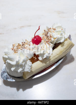 A classic banana split from the Original Ghirardelli Ice Cream and Chocolate Shop at Ghirardelli Square in San Francisco, California. Stock Photo