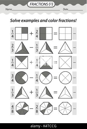 Training material- coloring book. Solve examples and color fractions .Black and white vector illustration. Stock Vector