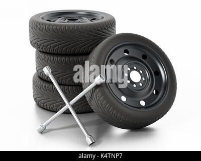 Spare car tyres and wheel nut wrench isolated on white background. 3D illustration. Stock Photo