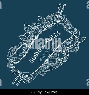 Templte with sushi and rolls. Vintage decorative engraved ribbon. Japanese traditional cuisine. Vector illustration. Stock Vector