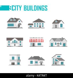 Nine low-storey city buildings set of icons - vector illustration on white background. Cottages with nice facades. Various shapes of roofs and windows Stock Vector