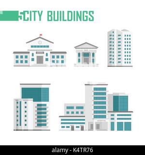 Five city buildings set of icons - vector illustration isolated on white background. School, bank, hospital, two skyscrapers. Grey and blue color Stock Vector