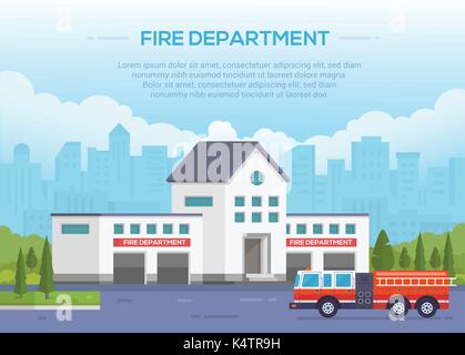 Fire department - modern vector illustration with place for text. Urban background. Nice park around. Blue sky with clouds. Fire-engine with ladder on Stock Vector