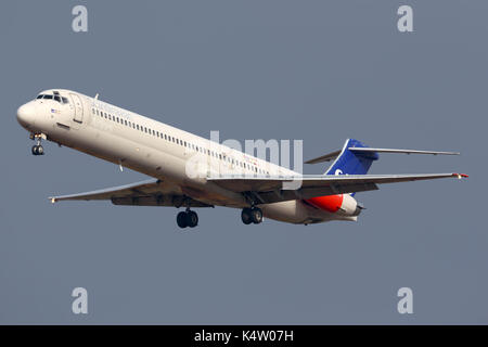 Sheremetyevo, Moscow Region, Russia - October 26, 2013: Scandinavian Airlines System McDonnell Douglas MD-82 LN-RMM landing at Sheremetyevo internatio Stock Photo
