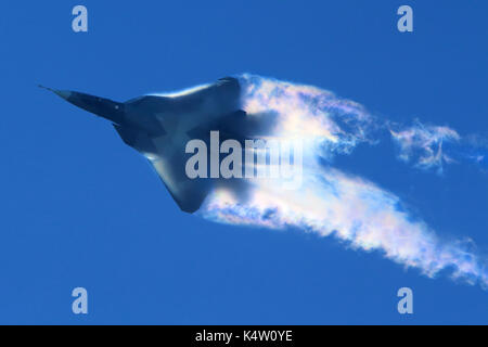 Zhukovsky, Moscow Region, Russia - August 24, 2013: Sukhoi T-50 PAK-FA 052 BLUE in Zhukovsky during MAKS-2013 Stock Photo