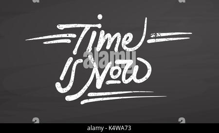 Time is now quote on chalkboard, handdrawn vector sketch, clean outlines, vintage style blackboard. Stock Photo