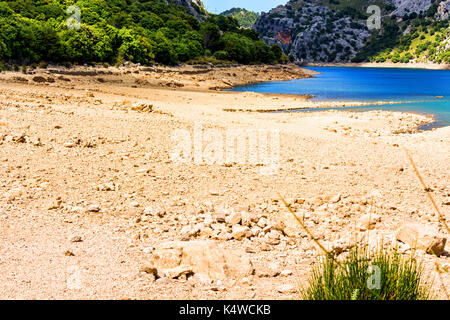 Almost dried out riverbed and cracked ground with stones in the background the last remnants of water. Stock Photo