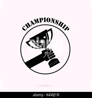 Hand holding winner's trophy award.Man holding up a gold trophy cup is winner in a competition background.Successful business concept.Flat vector Illu Stock Vector