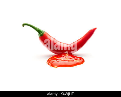 Chili sauce leaking from a chili pepper cut isolated on white background Stock Photo