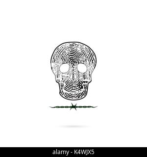 Human skull silhouettes with fingerprint and barbed wire icon. Human skull and barbed wire tattoo logo design vector template.Skull front face logo.Ve Stock Vector