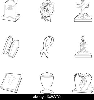 Funeral icons set, outline style Stock Vector