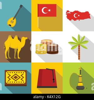 Turkey symbols icon set, flat style Stock Vector
