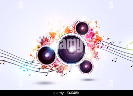 abstract sound speaker multicolor music background with muisc notes and blurry lights Stock Photo