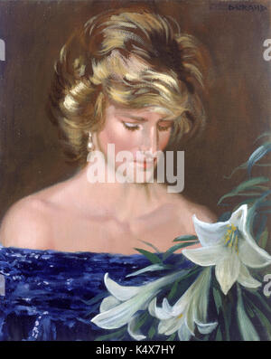 A posthumous portrait of the late Princess Diana, painted on September 3rd 1997 entitled, Mummy-Princess Diana with a Casablanca Lilies by Ottawa-London artist, André Durand painted this small, allegorical portrait from memory. This very touching tribute by Princes William & Henry of Wales to their beloved mother placed at her coffin on the day of her funeral, September 6th, 1997 inspired the artist. William wrote the first three letters of 'Mum', while Harry wrote 'My'. Stock Photo