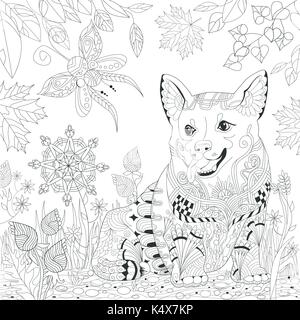 dog zentangle styled on a background of flowers and leaves for coloring book for anti stress, t-shirt design, tattoo and other decorations Stock Vector