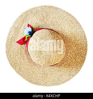 top view of wide brim straw hat with red band and textile flower isolated on white background Stock Photo