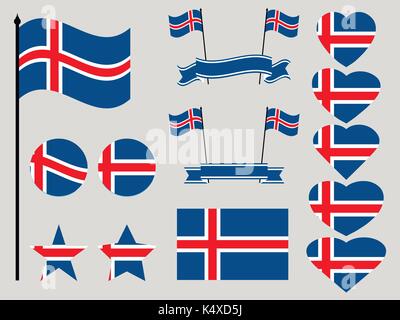 Iceland flag set. Collection of symbols heart and circle. Vector illustration Stock Vector