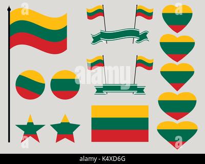Lithuania flag set. Collection of symbols heart and circle. Vector illustration Stock Vector