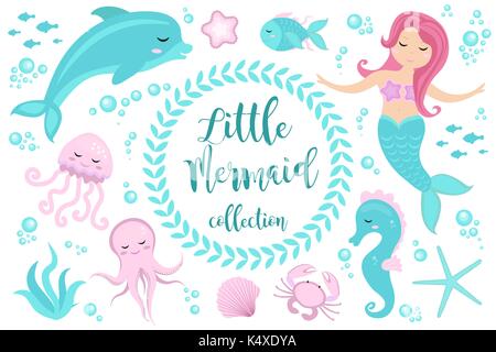 Cute set Little mermaid and underwater world. Fairytale princess mermaid and dolphin, octopus, seahorse, fish, jellyfish. Under water in the sea mythical marine collection. Stock Vector