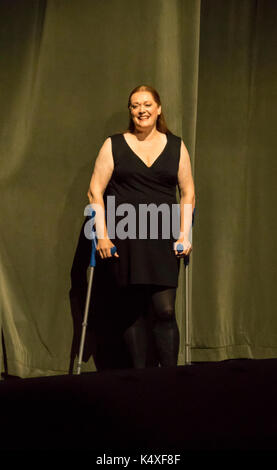 injured Catherine Foster on crutches taking a curtain call at Wagner's Gotterdammerung, Bayreuth Opera Festival 2017, Bavaria, Germany Stock Photo