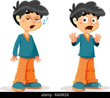 Vector Illustration of Sleepy Shocked Young Boy Body Language and Expressions Stock Vector