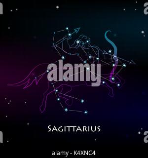 Sagittarius Zodiac Sign and the Constellation against a dark starry sky. Vector illustration on a black background