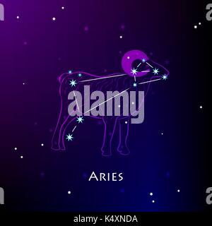 Aries Zodiac Sign and the Constellation against a dark starry sky. Vector illustration on a black background Stock Vector