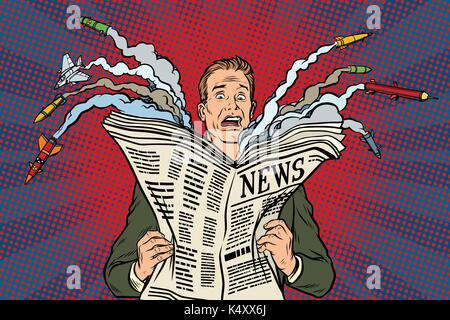 newspaper bad news about nuclear war, the man shocked Stock Vector