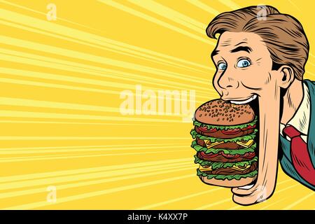 hungry man with a giant Burger, street food Stock Vector