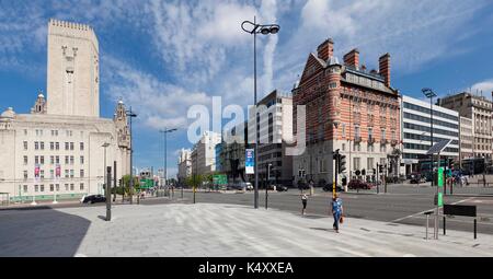 The Strand, Liverpool, at its junction with James Street showing, left, George's Dock Ventilation Station and, right, former White Star HQ, now hotel. Stock Photo
