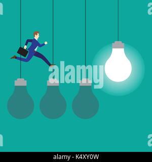 Business Concept As A Businessman Is Jumping On Three Dark Light Bulbs To A Bright One. It Means Changing From Old Ideas To The New One. Stock Vector