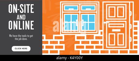 Glass window in brick wall with on site and online text Stock Vector