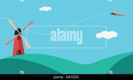 Vector image of paper rocket flying over windmill Stock Vector