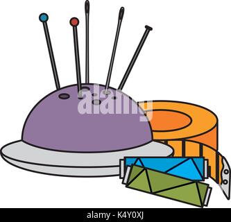 sewing thread tubes with pincushion and tape measure vector illustration design Stock Vector