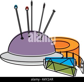 sewing thread tubes with pincushion and tape measure vector illustration design Stock Vector