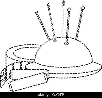 sewing thread tubes with pincushion and tape measure vector illustration design Stock Vector