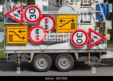 Confusing traffic signs on a trailer in the Netherlands Stock Photo