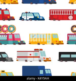 Car cartoon seamless pattern. Fire engine and police car. ambulance and taxi. Fast food truck. vector illustration Stock Vector