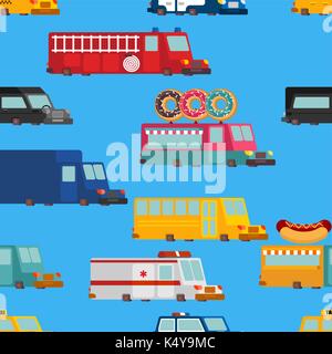 Car cartoon seamless pattern. Fire engine and police car. ambulance and taxi. Fast food truck. vector illustration Stock Vector