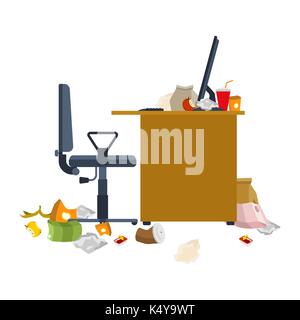 Dirty workplace. Garbage and sticks. filthy computer desk. Work at home at PC. Vector illustration Stock Vector
