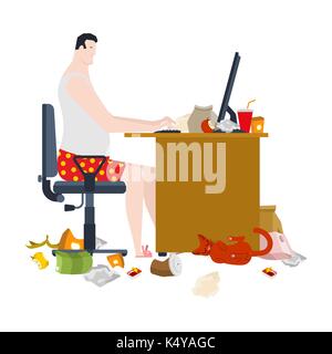 Freelancer and dirty work table. filthy workplace. Remote work at home. Garbage and sticks. Cat. Vector illustration Stock Vector